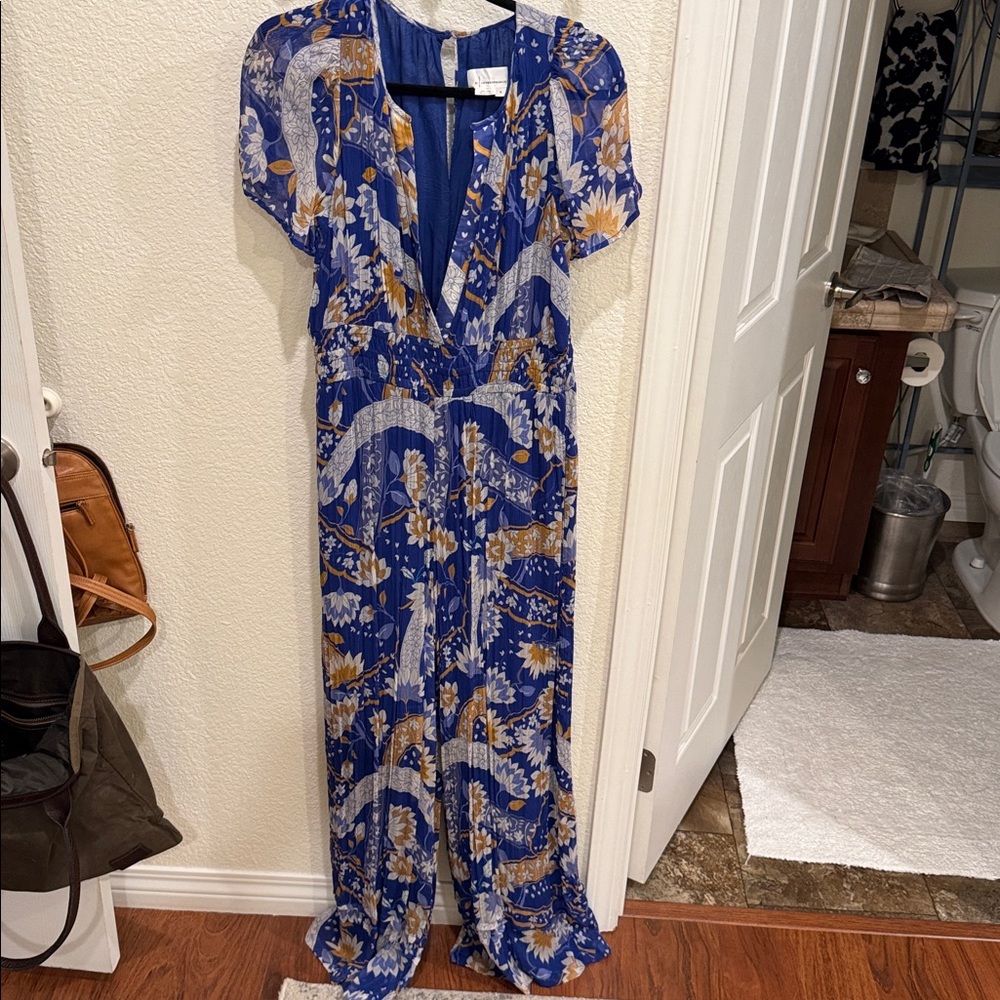 Anthropologie Somerset Jumpsuit Chiffon Edition Floral Blue Motif - LONG - Picture 4 of 5